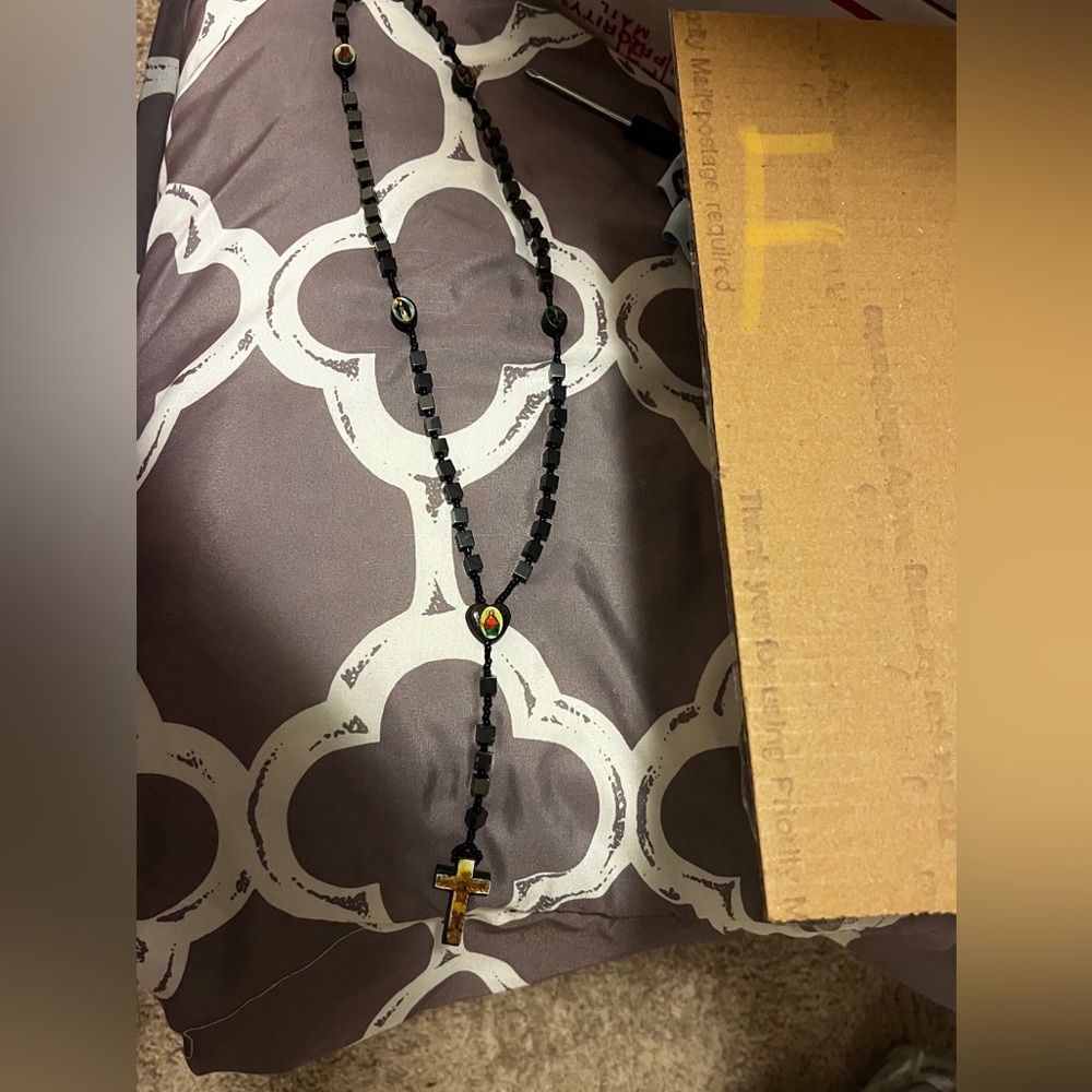 Black Beaded Rosary Necklace with Gold Cross